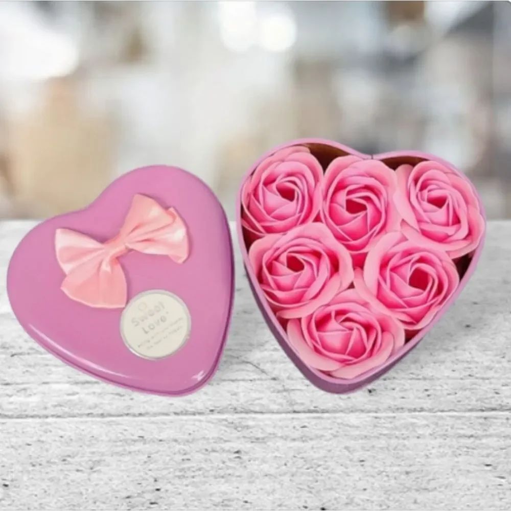 Pink 6-Rose Flower Soap New Heart Shaped Tin Bath Body Mother's day Gift Mom
